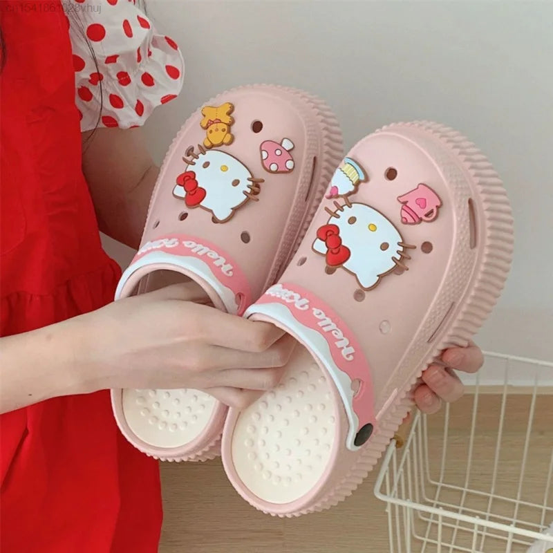 Sanrio Cute Hello Kitty EVA Hole Shoes Women Summer Outdoor Anti Slip Thick Bottom Beach Slippers Lolita Y2k Girls Charms Shoes