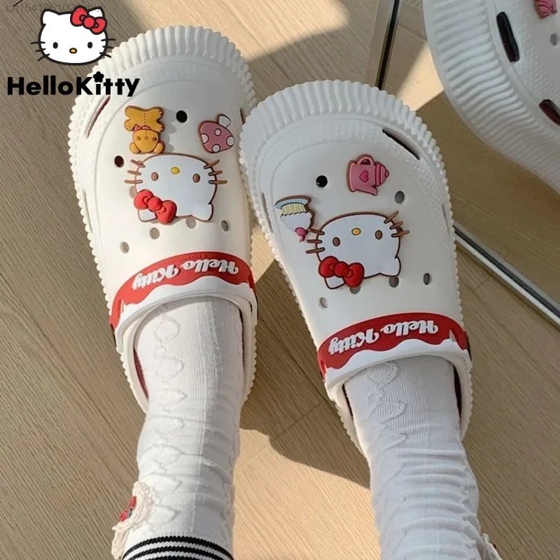 Sanrio Cute Hello Kitty EVA Hole Shoes Women Summer Outdoor Anti Slip Thick Bottom Beach Slippers Lolita Y2k Girls Charms Shoes